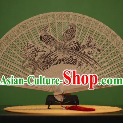 Traditional Chinese Crafts Sandalwood Folding Fan, China Handmade Carving Birds Incienso Fans for Women