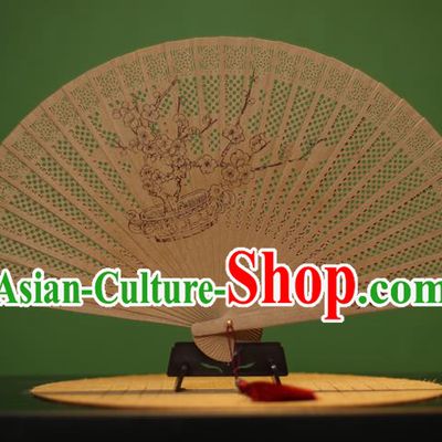 Traditional Chinese Crafts Sandalwood Folding Fan, China Handmade Carving Plum Blossom Incienso Fans for Women