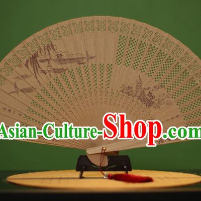 Traditional Chinese Crafts Sandalwood Folding Fan, China Handmade Carving West Lake Incienso Fans for Women