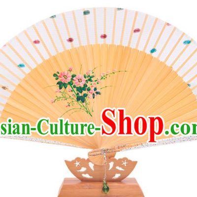 Traditional Chinese Crafts White Silk Folding Fan, China Handmade Printing Flowers Bamboo Bone Fans for Women