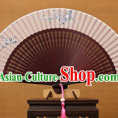 Traditional Chinese Crafts Printing Flowers Classical Folding Fan, China Handmade Wine Red Bamboo Silk Fans for Women