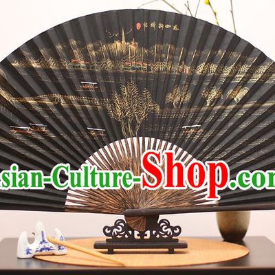 Traditional Chinese Crafts Printing Broken Bridge Mulberry Paper Folding Fan, China Handmade Bamboo Palm Fans for Men