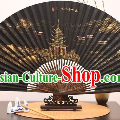 Traditional Chinese Crafts Printing Leifeng Pagoda Mulberry Paper Folding Fan, China Handmade Bamboo Palm Fans for Men