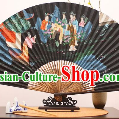 Traditional Chinese Crafts Printing Red Chamber Beauty Mulberry Paper Folding Fan, China Handmade Bamboo Palm Fans for Men