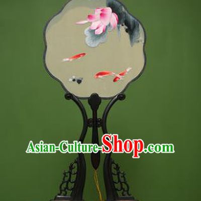 Traditional Chinese Crafts Suzhou Embroidery Palace Fan, China Princess Embroidered Lotus Fish Silk Fans for Women