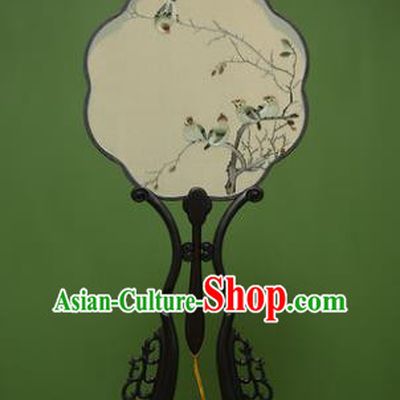 Traditional Chinese Crafts Suzhou Embroidery Palace Fan, China Princess Embroidered Birds Silk Fans for Women