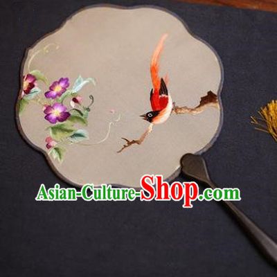 Traditional Chinese Crafts Suzhou Embroidery Palace Fan, China Princess Embroidered Bird Flower Silk Fans for Women