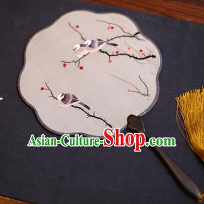 Traditional Chinese Crafts Suzhou Embroidery Palace Fan, China Princess Embroidered Bird Wintersweet Silk Fans for Women