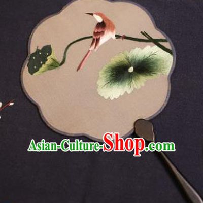 Traditional Chinese Crafts Suzhou Embroidery Palace Fan, China Princess Embroidered Lotus Leaf Silk Fans for Women