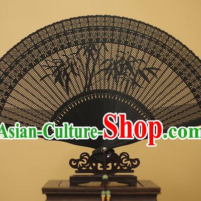Traditional Chinese Crafts Hollow Out Bamboo Folding Fan, China Handmade Sandalwood Black Fans for Women