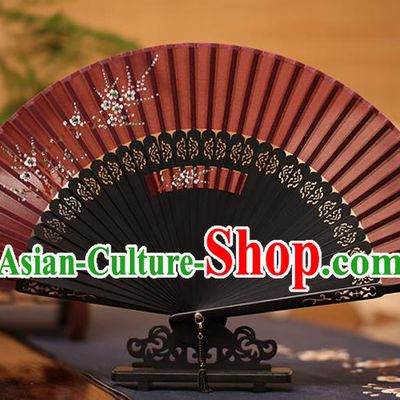 Traditional Chinese Crafts Printing Plum Blossom Folding Fan, China Handmade Classical Purplish Red Silk Fans for Women