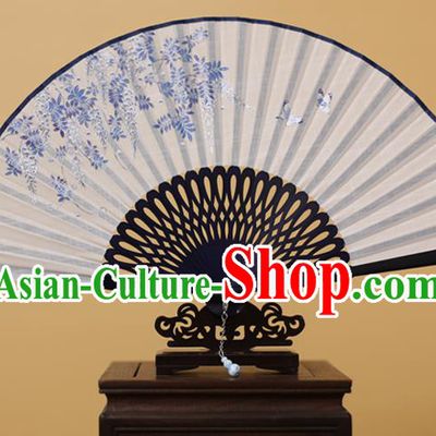 Traditional Chinese Crafts Printing Wisteria Folding Fan, China Handmade Classical White Fans for Women