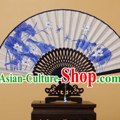 Traditional Chinese Crafts Printing Lotus Folding Fan, China Handmade Classical White Fans for Women