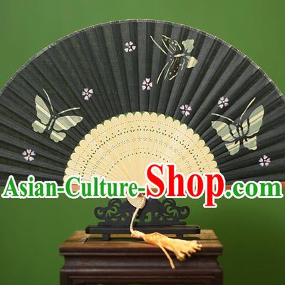 Traditional Chinese Crafts Printing Butterfly Folding Fan, China Handmade Classical Black Silk Fans for Women