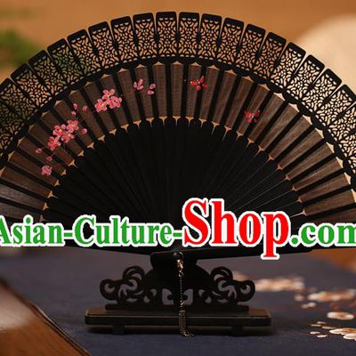 Traditional Chinese Crafts Hand Painting Folding Fan, China Handmade Classical Carving Black Fans for Women