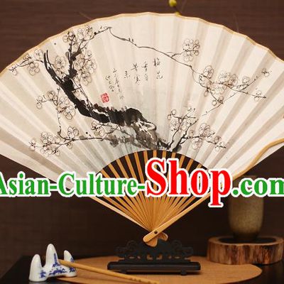 Traditional Chinese Crafts Collectables Autograph Folding Fan, China Handmade Classical Printing Plum Blossom Xuan Paper Fans for Men