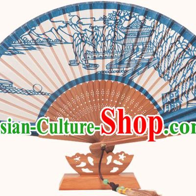 Traditional Chinese Crafts West Lake Scenery Folding Fan, China Handmade Classical Deep Blue Silk Fans for Women