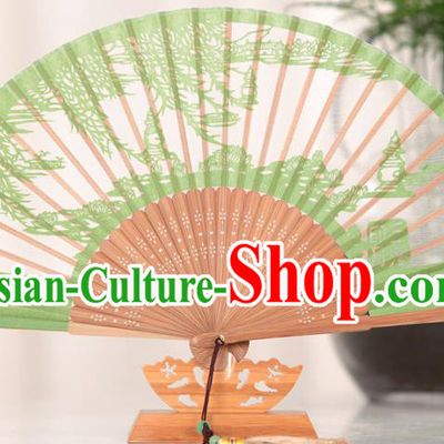 Traditional Chinese Crafts West Lake Scenery Folding Fan, China Handmade Classical Green Silk Fans for Women