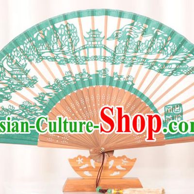 Traditional Chinese Crafts West Lake Scenery Folding Fan, China Handmade Classical Silk Fans for Women