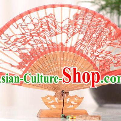 Traditional Chinese Crafts West Lake Scenery Folding Fan, China Handmade Classical Red Silk Fans for Women