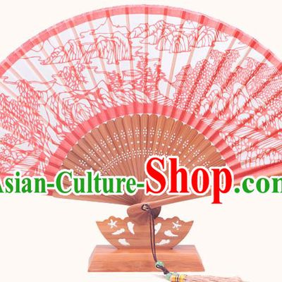Traditional Chinese Crafts Night Bell In Nanping Mountain Folding Fan, China Handmade Classical Red Silk Fans for Women