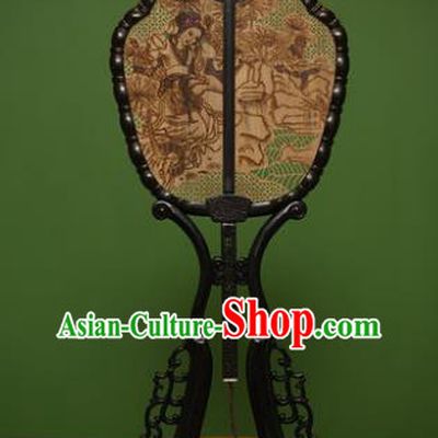 Traditional Chinese Crafts Ebony Pyrographic Beauty Palace Fan, China Handmade Princess Sandalwood Fans for Women