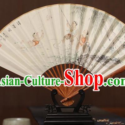 Traditional Chinese Crafts Ink Painting Paper Folding Fan, China Handmade Pear Wood Fans for Men
