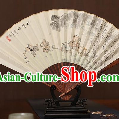 Traditional Chinese Crafts Ink Painting Children Paper Folding Fan, China Handmade Pear Wood Fans for Men