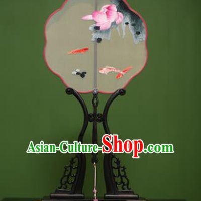 Traditional Chinese Crafts Suzhou Embroidery Lotus Fish Palace Fan, China Princess Embroidered Silk Fans for Women
