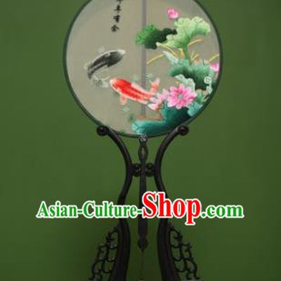 Traditional Chinese Crafts Suzhou Embroidery Lotus Fish Palace Fan, China Princess Embroidered Silk Round Fans for Women