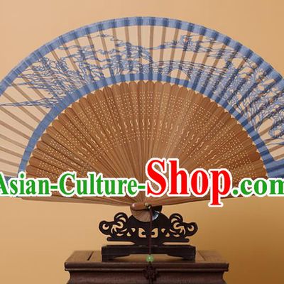Traditional Chinese Crafts West Lake Scenery Folding Fan, China Handmade Scissor-Cut Blue Silk Fans for Women