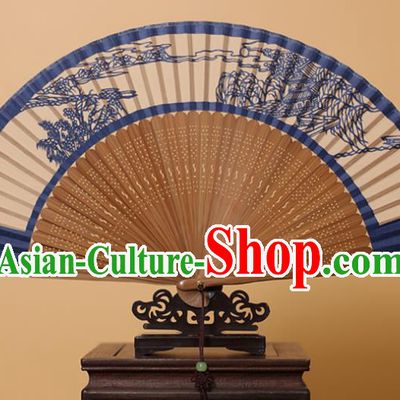Traditional Chinese Crafts Autumn Moon on Calm Lake Scenery Folding Fan, China Handmade Scissor-Cut Blue Silk Fans for Women