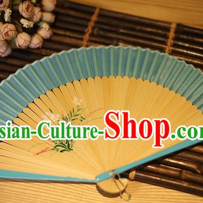 Traditional Chinese Crafts Printing Flowers Classical Folding Fan, China Handmade Blue Silk Fans for Women