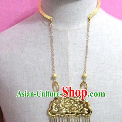 Traditional Chinese Handmade Jewelry Accessories Ancient Bride Golden Necklace Longevity Lock for Women