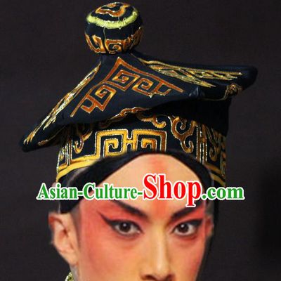 Traditional China Beijing Opera Takefu Black Hats, Chinese Peking Opera Imperial Bodyguard Embroidered Headwear