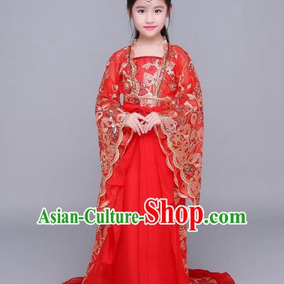 Traditional Chinese Ancient Children Fairy Hanfu Clothing, China Tang Dynasty Palace Princess Costume Trailing Dress for Kids