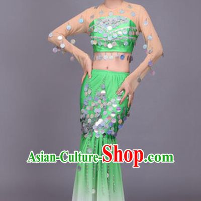 Chinese Traditional Dai Nationality Peacock Dance Costume Pavane Sequins Green Dress for Women