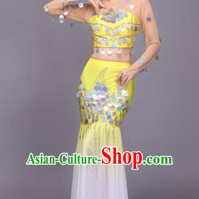 Chinese Traditional Dai Nationality Peacock Dance Costume Pavane Sequins Yellow Dress for Women