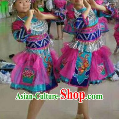 Chinese Traditional Miao Nationality Rosy Costume Hmong Folk Dance Ethnic Clothing for Kids
