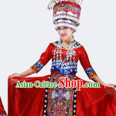 Chinese Traditional Miao Nationality Bride Costume Folk Dance Ethnic Red Clothing for Women