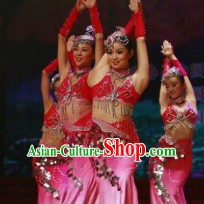 Chinese Traditional Dai Nationality Costume Folk Dance Peacock Ethnic Rosy Clothing for Women