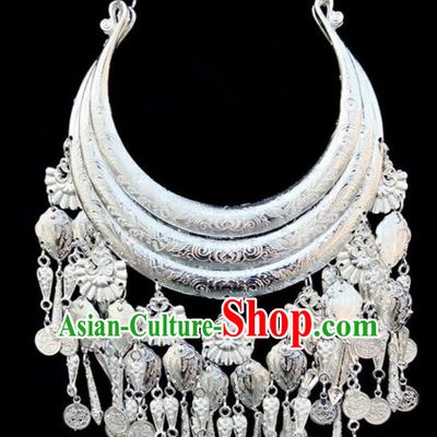 Chinese Traditional Miao Nationality Accessories Sliver Necklace Longevity Lock for Women
