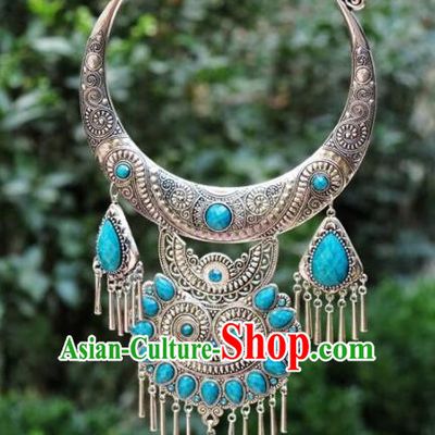 Chinese Traditional Miao Nationality Accessories Blue Necklace Longevity Lock for Women
