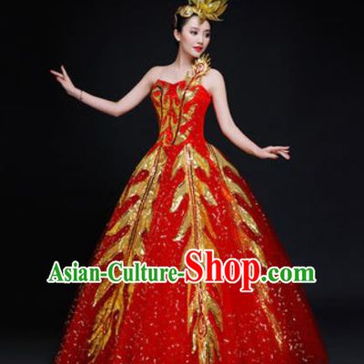 Professional Modern Dance Costume Opening Dance Stage Performance Red Dress for Women