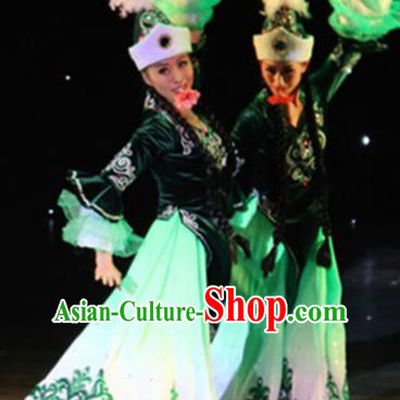 Chinese Traditional Kazak Nationality Costume Uigurian Folk Dance Ethnic Green Dress for Women