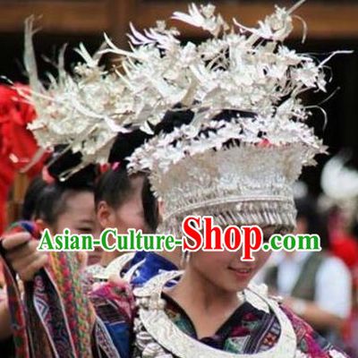 Chinese Traditional Miao Nationality Bride Hat Hmong Headwear for Women