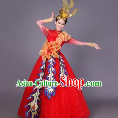 Professional Modern Dance Red Veil Dress Opening Dance Stage Performance Chorus Costume for Women