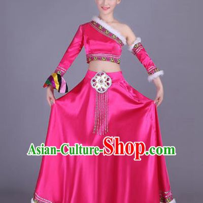 Chinese Traditional Zang Nationality Costume Tibetan Folk Dance Ethnic Rosy Dress for Women