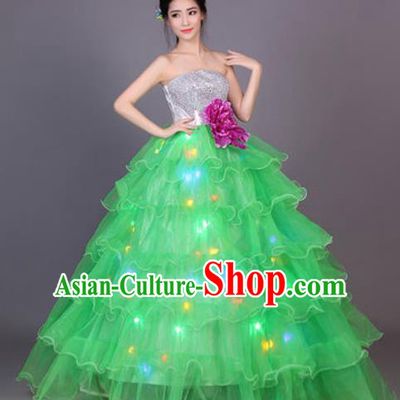 Professional Modern Dance Green Flowers Dress Opening Dance Stage Performance Chorus LED Costume for Women