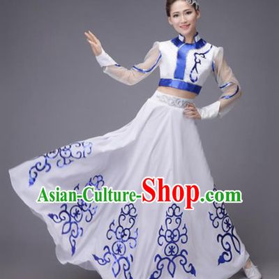 Chinese Traditional Mongol Nationality Costume Mongolian Folk Dance Ethnic White Dress for Women